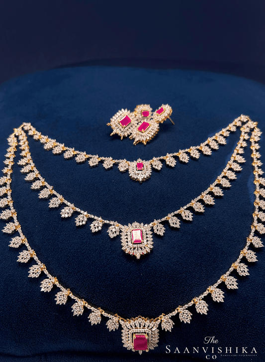 Multi Layer Neckalce with Earrings Ruby Red