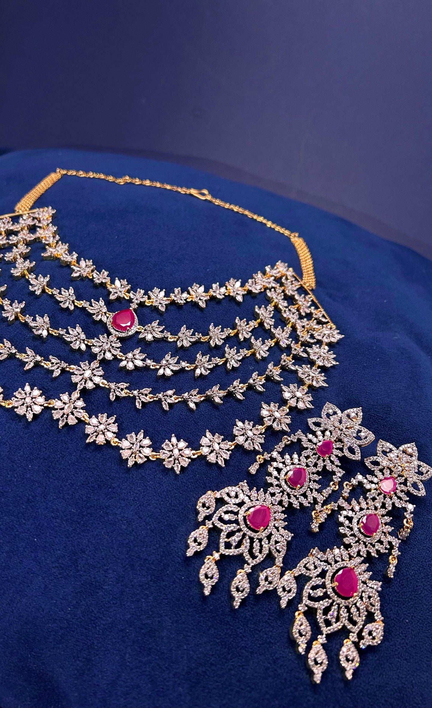 5 Layer Red Diamond Heavy Necklace with Earrings (GJ Polish)