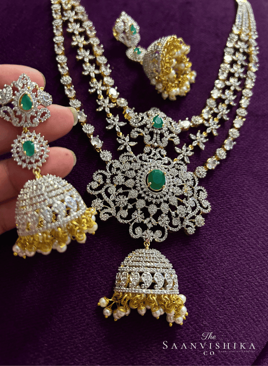Jhumki Flower Pendant Grand Diamond Necklace with Earrings Green(Clear Stone)