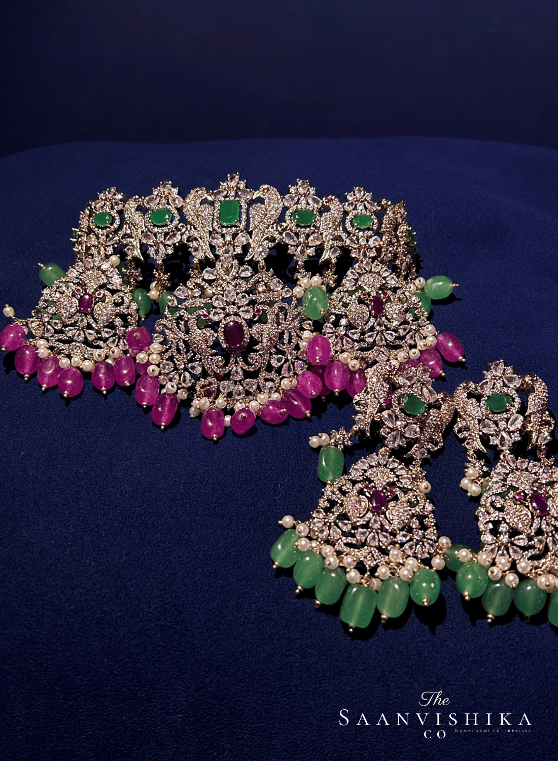 Victorian Parrot Choker With Pendant Set (Pink Beads)