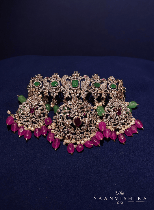 Victorian Parrot Choker With Pendant Set (Pink Beads)