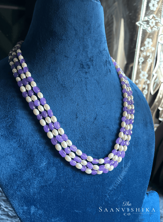 3 Line Beaded Mala (Violet and white) with Floral studs