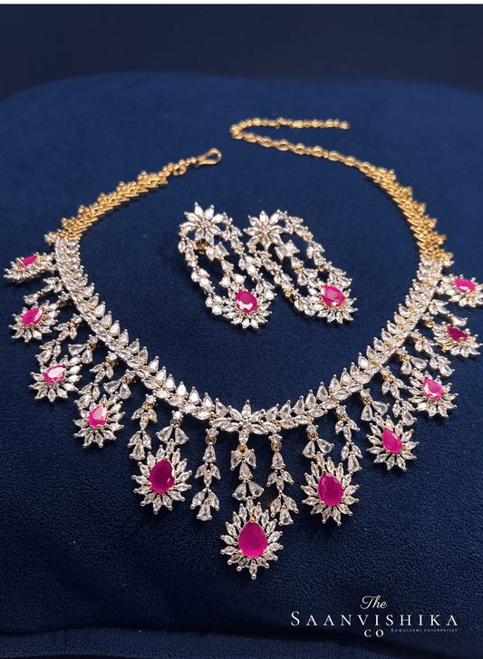 Modern Droplet Diamond Necklace with Earrings Red