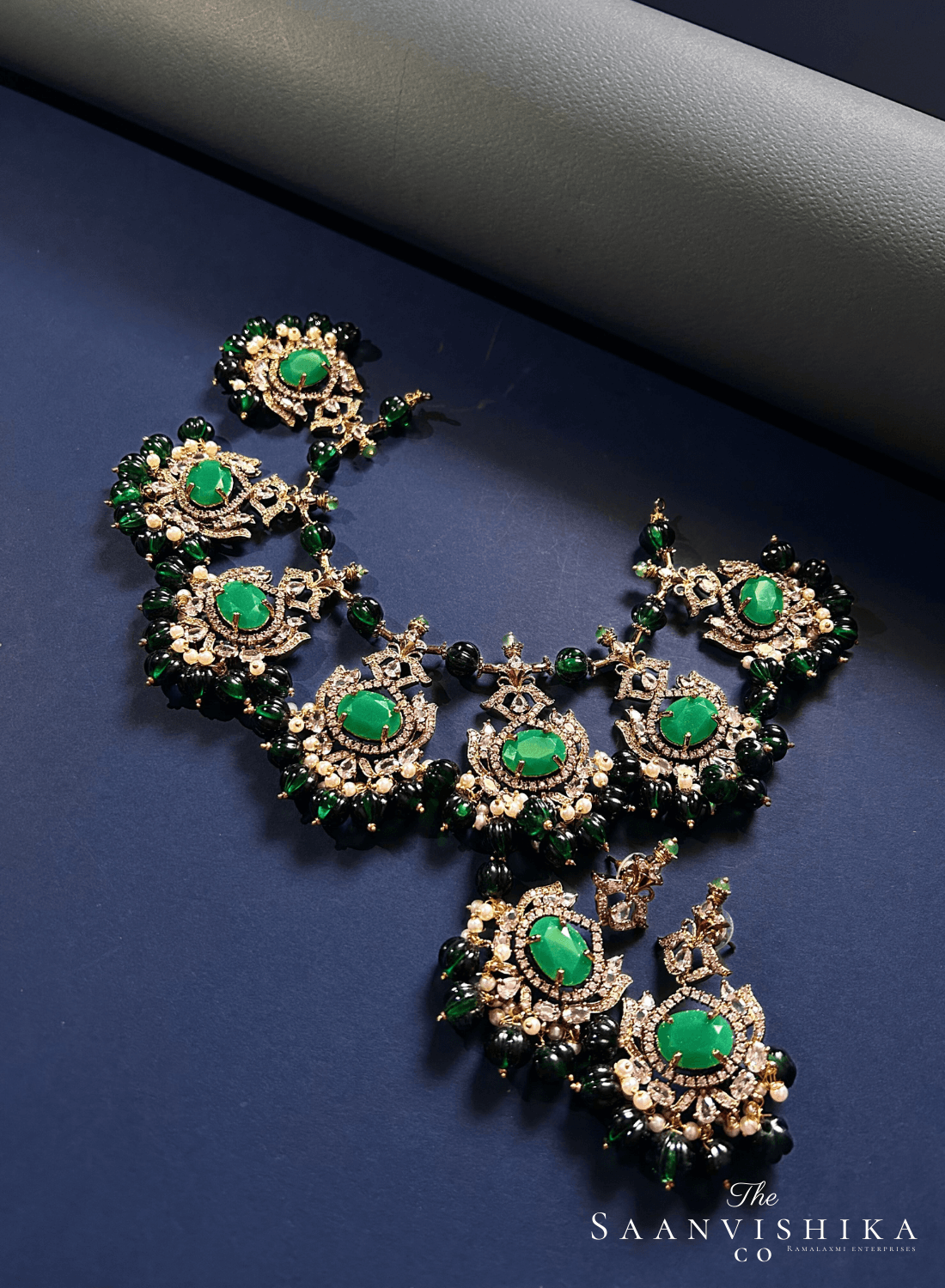 Grand Victorian Beads Necklace and Earrings Dark Green