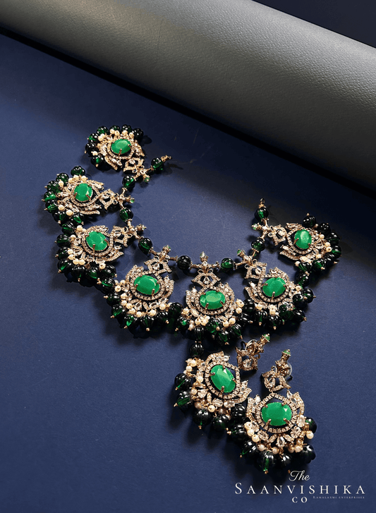 Grand Victorian Beads Necklace and Earrings Dark Green