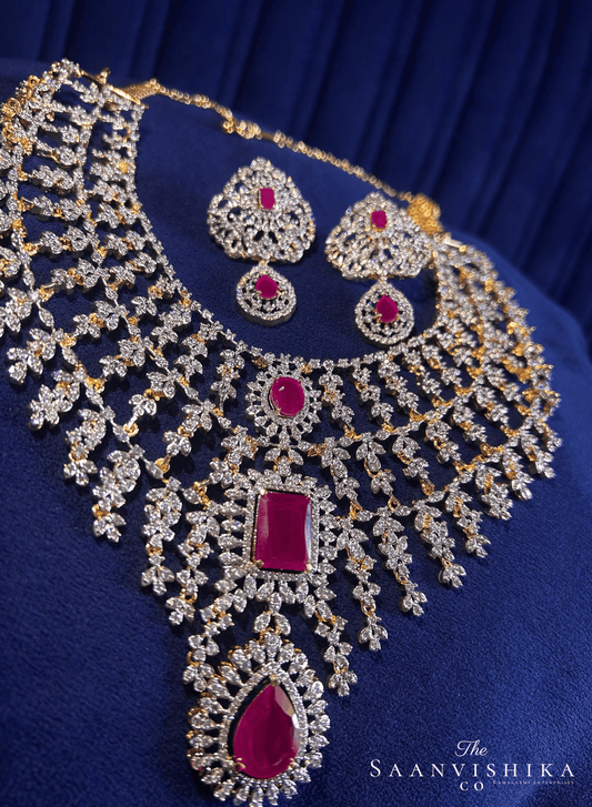 Bridal Triple Gemstone CZ Diamond Necklace Set (Red)