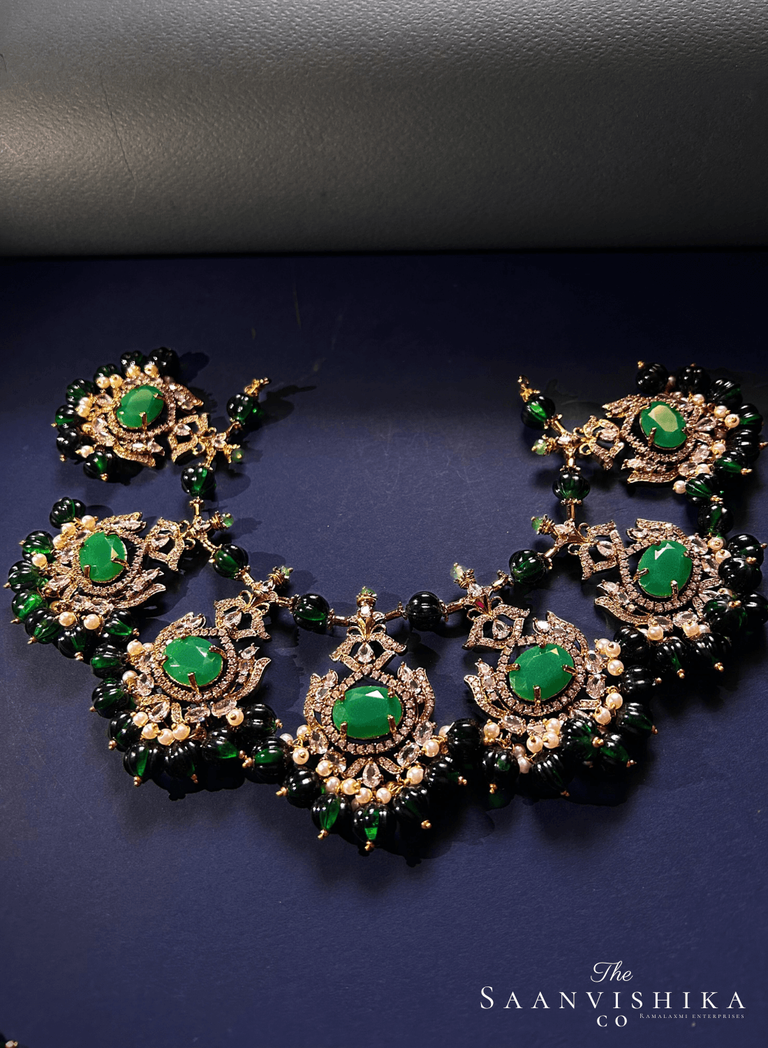 Grand Victorian Beads Necklace and Earrings Dark Green