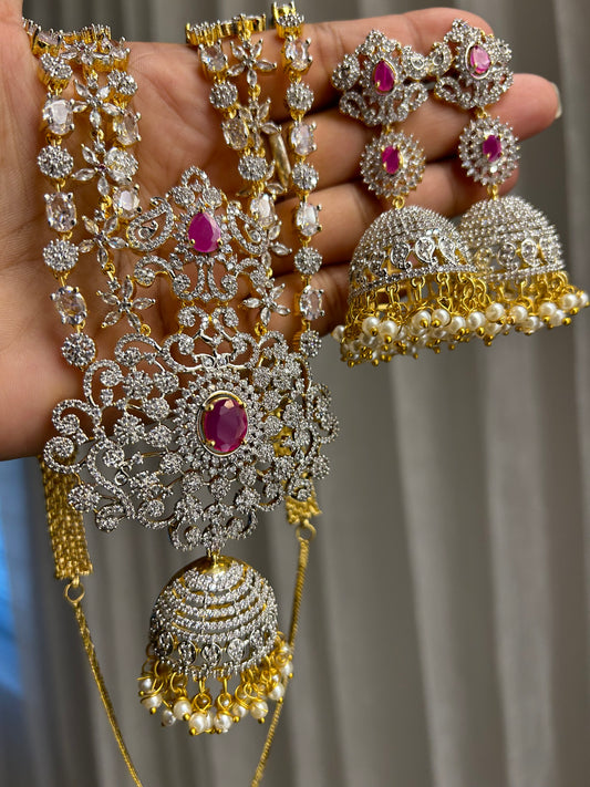 Jhumki Flower Pendant Grand Diamond Necklace with Earrings Red