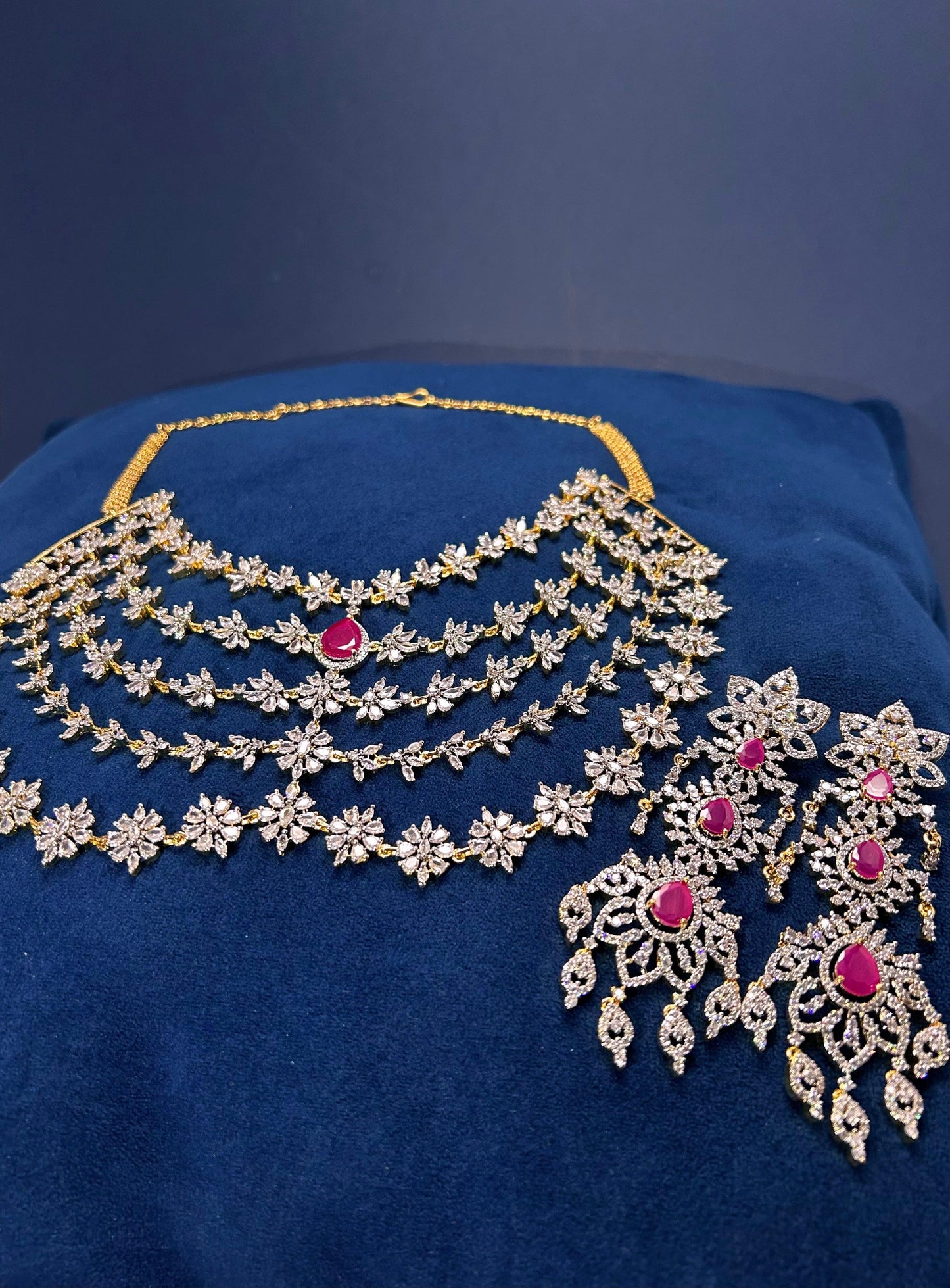 5 Layer Red Diamond Heavy Necklace with Earrings (GJ Polish)