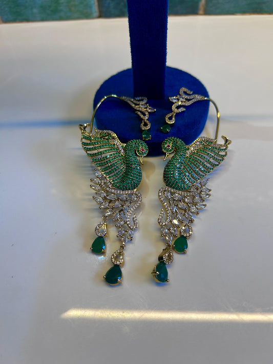 Designer CZ Diamond Peacock Earcuffs Green