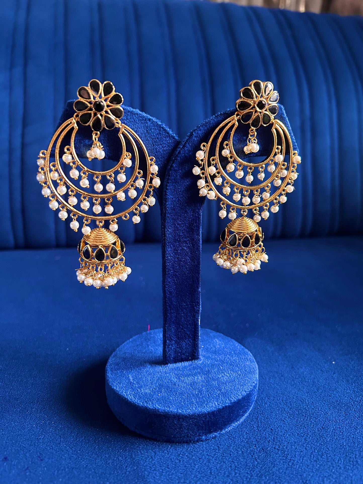 Black Floral Gold Chandbali with white beads