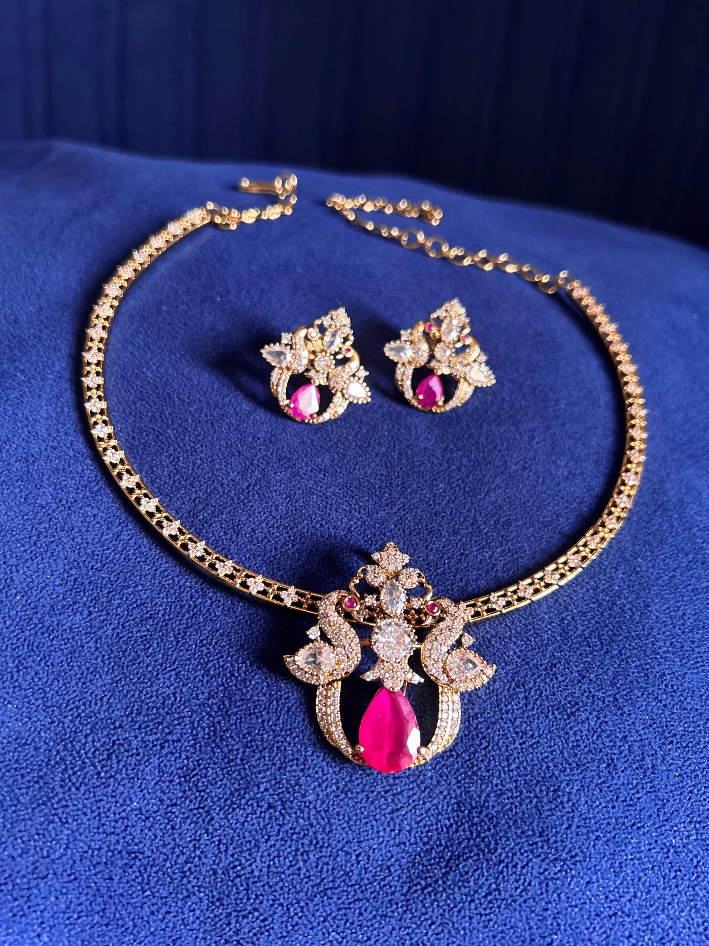 Victorian Double Swan Kanti with Pendant Set Ruby