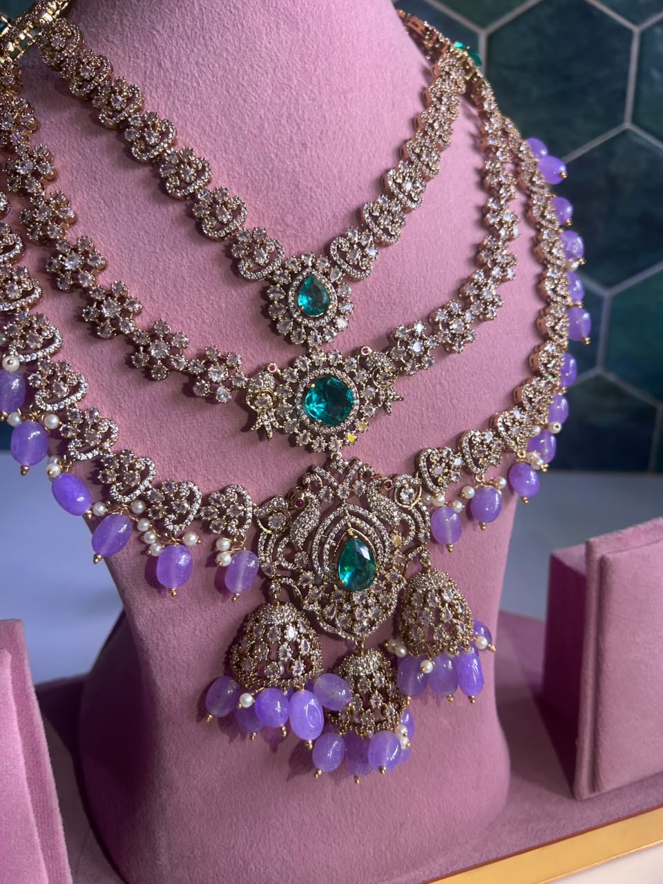 Triple Gemstone Green Beads Diamond Purple Beads