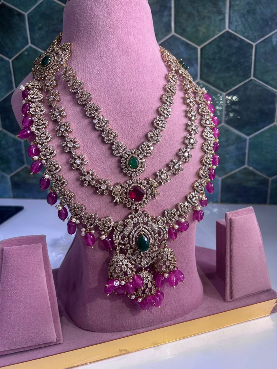 Triple Gemstone Green Beads Diamond Pink Beads