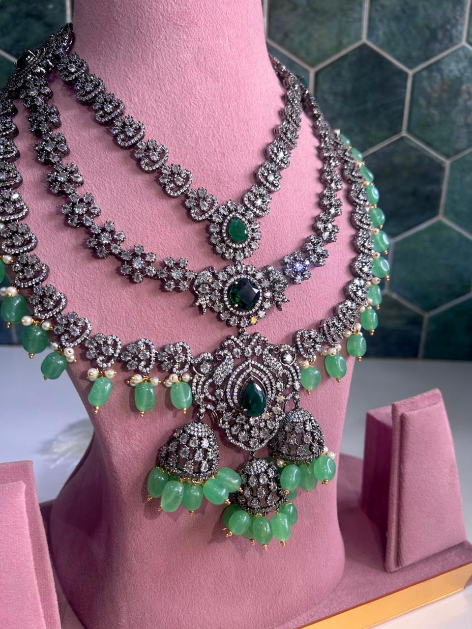Triple Gemstone Green Beads Diamond Necklace Green