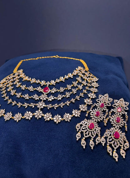 5 Layer Red Diamond Heavy Necklace with Earrings (GJ Polish)