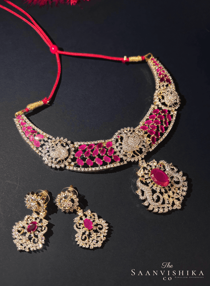 Peacock Necklace Ruby Red with Earrings