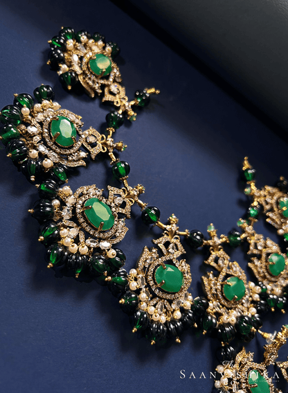 Grand Victorian Beads Necklace and Earrings Dark Green