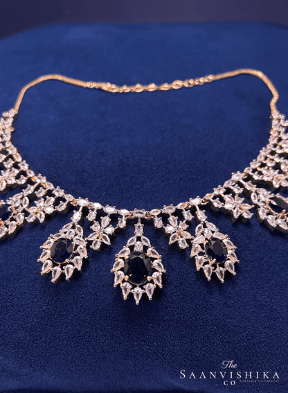 Hexagonal Gem Diamond Necklace with Earrings Black with Earrings
