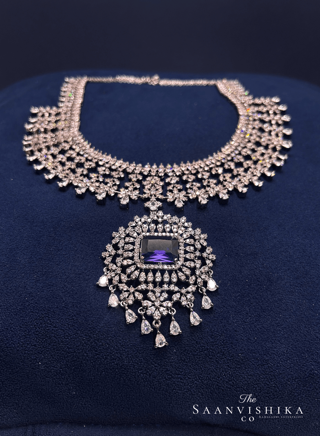 Detachable Pendant Grand Diamond Necklace with Earrings Purple