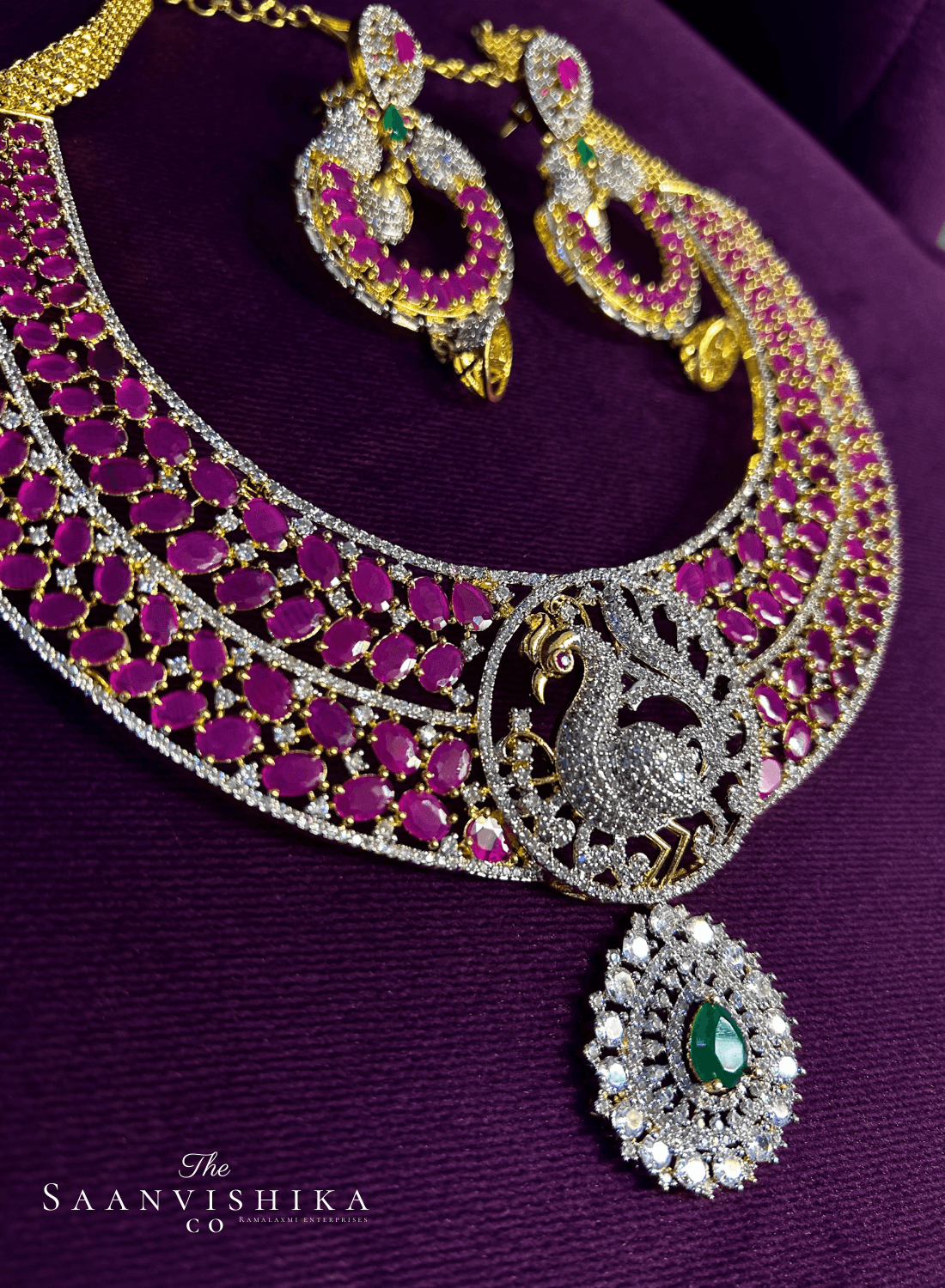Ruby Red Peacock Haram with Earrings