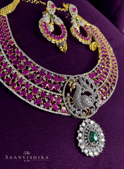 Ruby Red Peacock Haram with Earrings