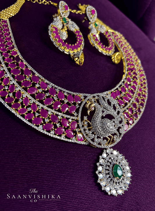 Ruby Red Peacock Haram with Earrings