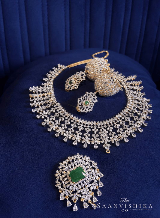 Detachable Pendant Grand Diamond Necklace  with Earrings Green (GJ Polish)