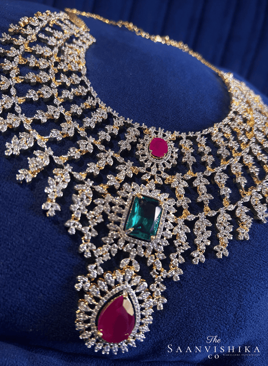 Bridal Triple Gemstone CZ Diamond Necklace Set (Multicolor)