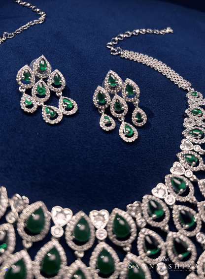 3 Layer Droplet Necklace with Earrings Green