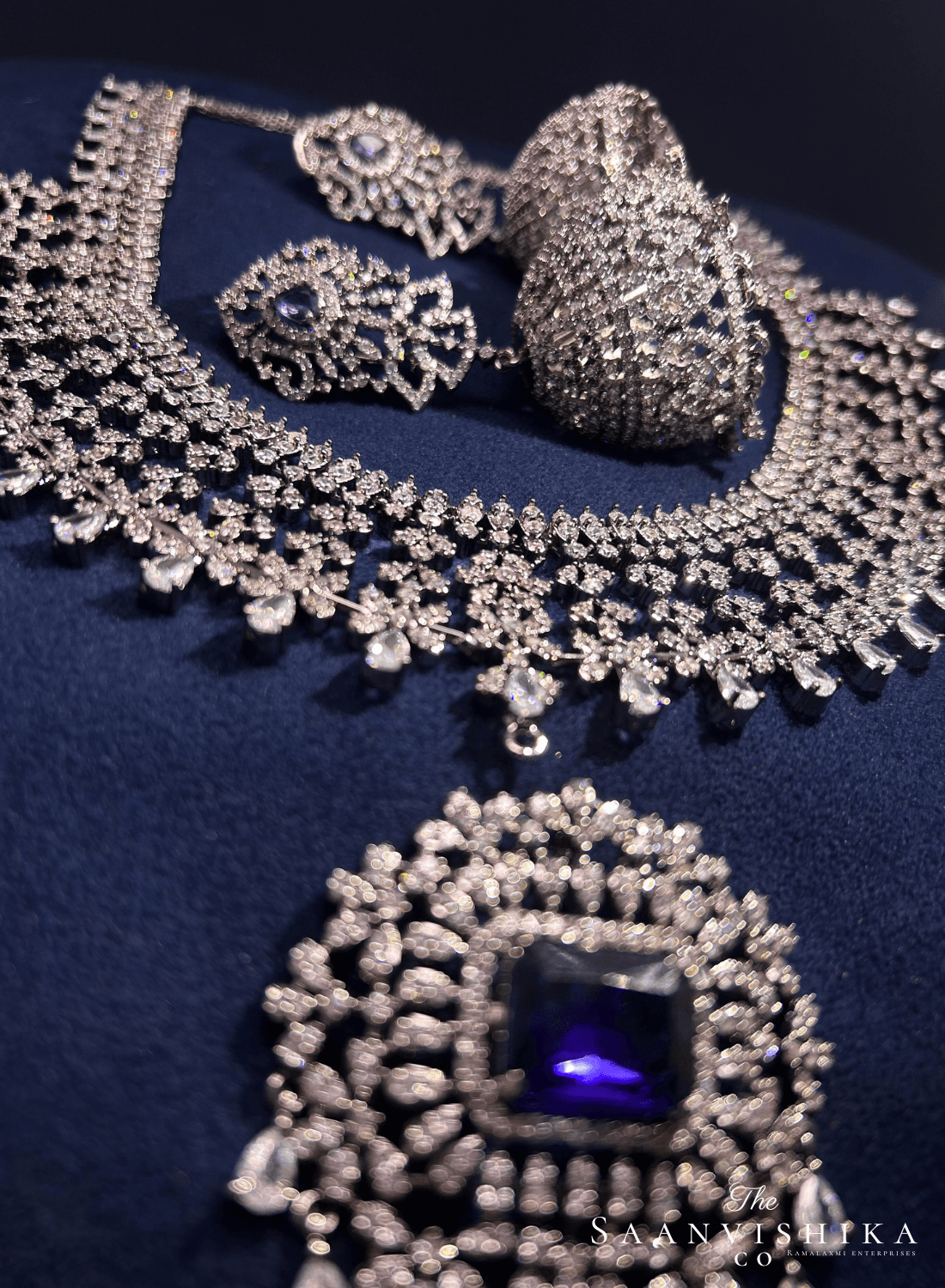 Detachable Pendant Grand Diamond Necklace with Earrings Purple