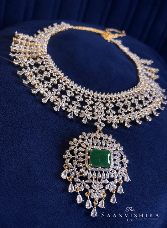 Detachable Pendant Grand Diamond Necklace  with Earrings Green (GJ Polish)