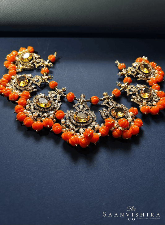 Grand Victorian Beads Necklace and Earrings Orange