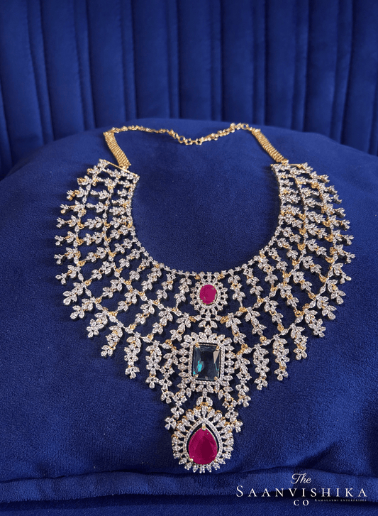 Bridal Triple Gemstone CZ Diamond Necklace Set (Multicolor)