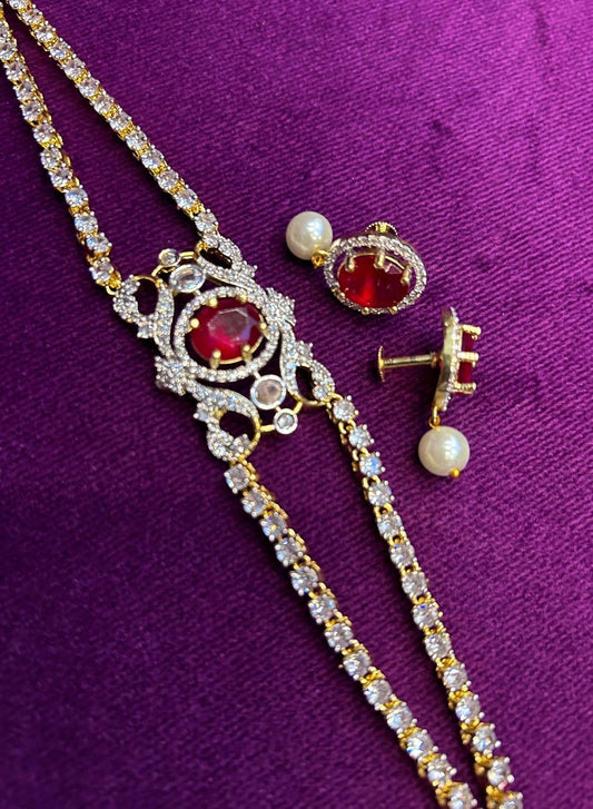 Simple 2 Chain Neck Patti Red with Studs