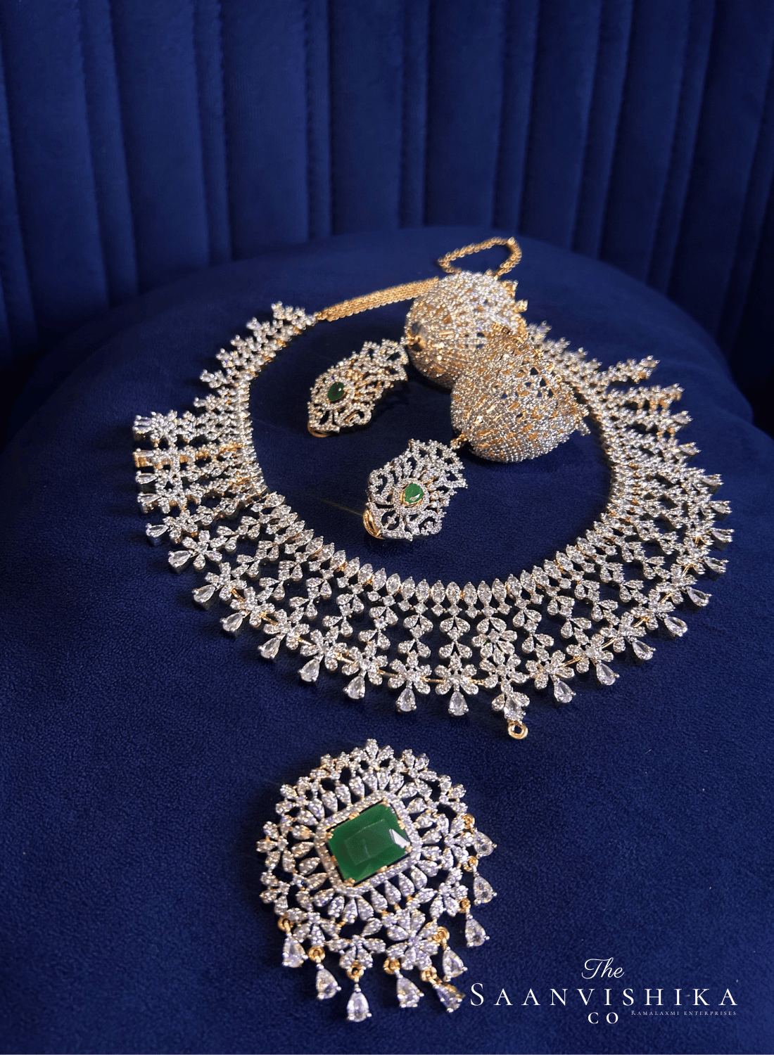 Detachable Pendant Grand Diamond Necklace  with Earrings Green (GJ Polish)