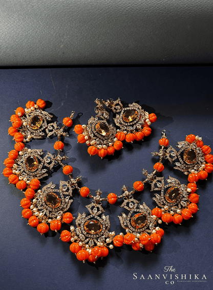 Grand Victorian Beads Necklace and Earrings Orange