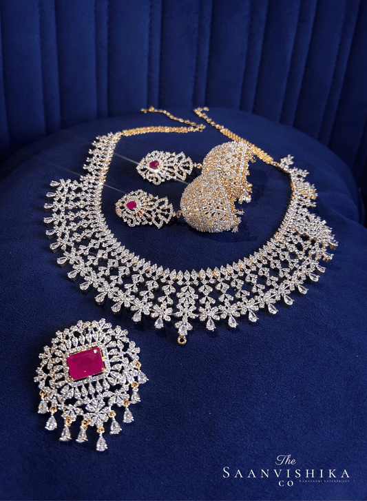 Detachable Pendant Grand Diamond Necklace  with Earrings Red (GJ Polish)
