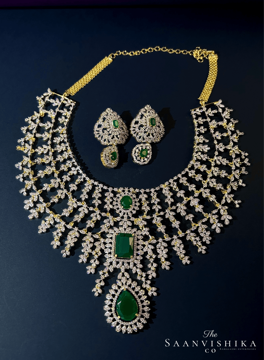 Bridal Triple Gemstone CZ Diamond Necklace Set (Green)