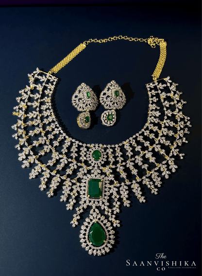 Bridal Triple Gemstone CZ Diamond Necklace Set (Green)