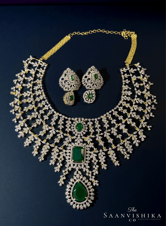 Bridal Triple Gemstone CZ Diamond Necklace Set (Green)