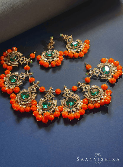 Grand Victorian Orange Beads with Emerald Necklace and Earrings