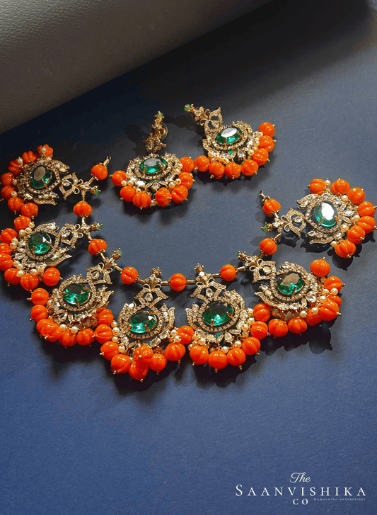 Grand Victorian Orange Beads with Emerald Necklace and Earrings