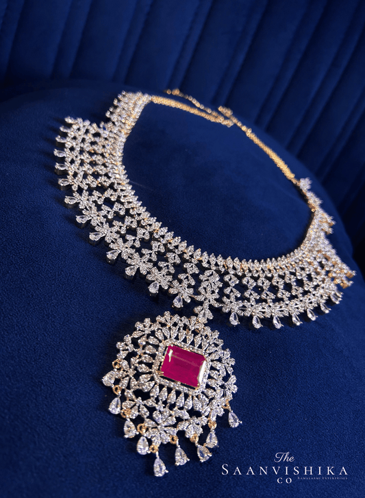 Detachable Pendant Grand Diamond Necklace  with Earrings Red (GJ Polish)
