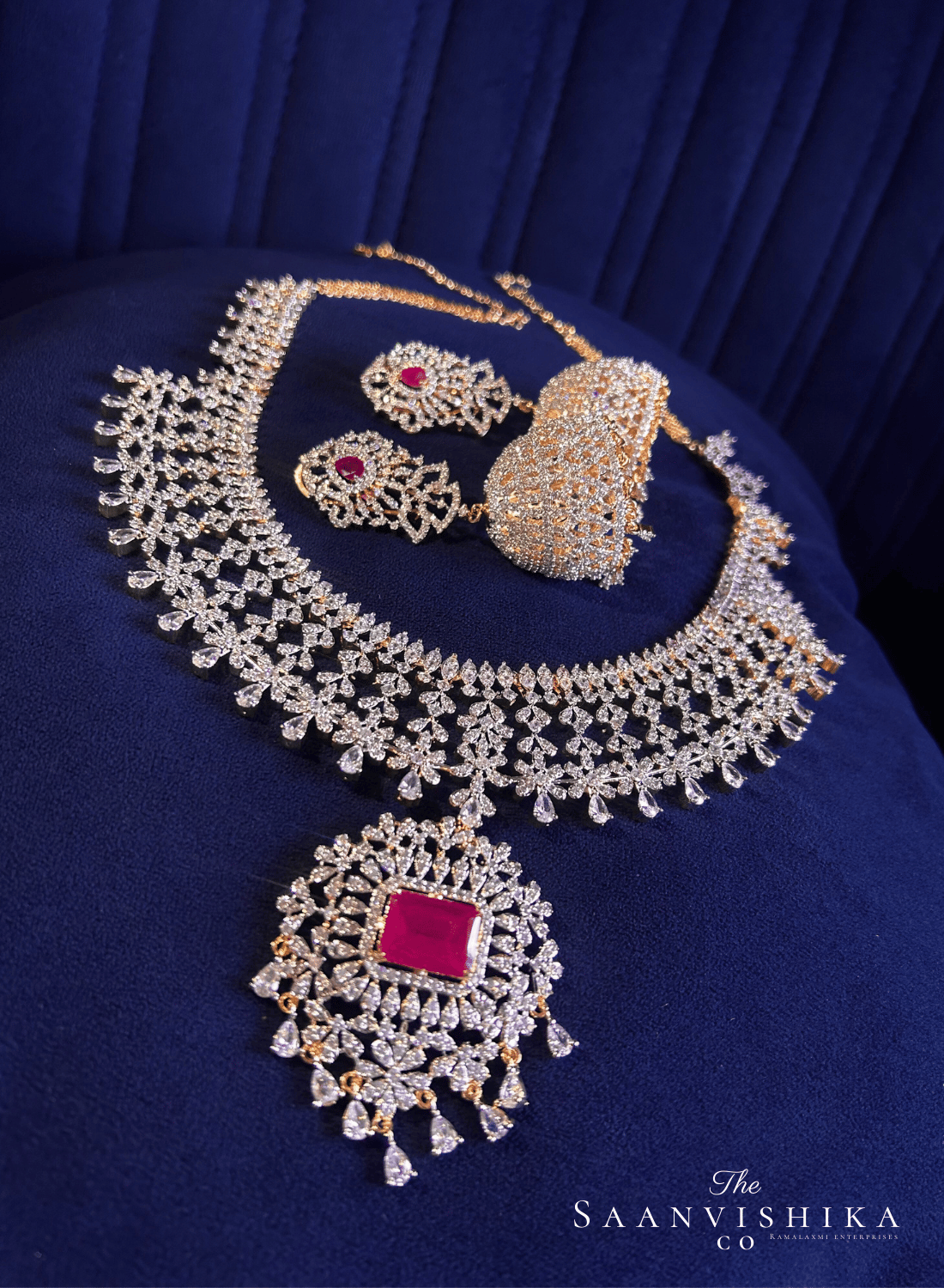 Detachable Pendant Grand Diamond Necklace  with Earrings Red (GJ Polish)