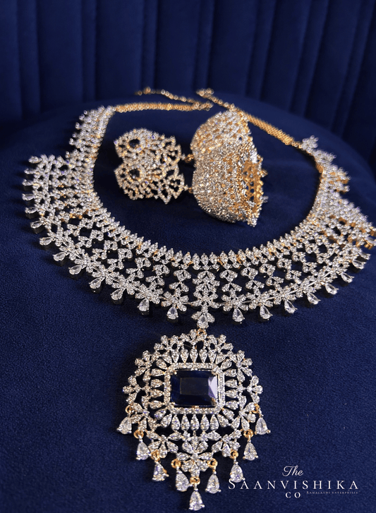 Detachable Pendant Grand Diamond Necklace  with Earrings Violet (GJ Polish)