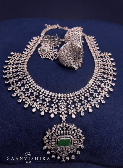 Detachable Pendant Grand Diamond Necklace  with Earrings Green