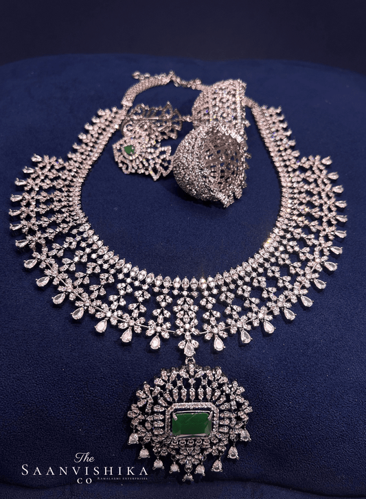 Detachable Pendant Grand Diamond Necklace  with Earrings Green