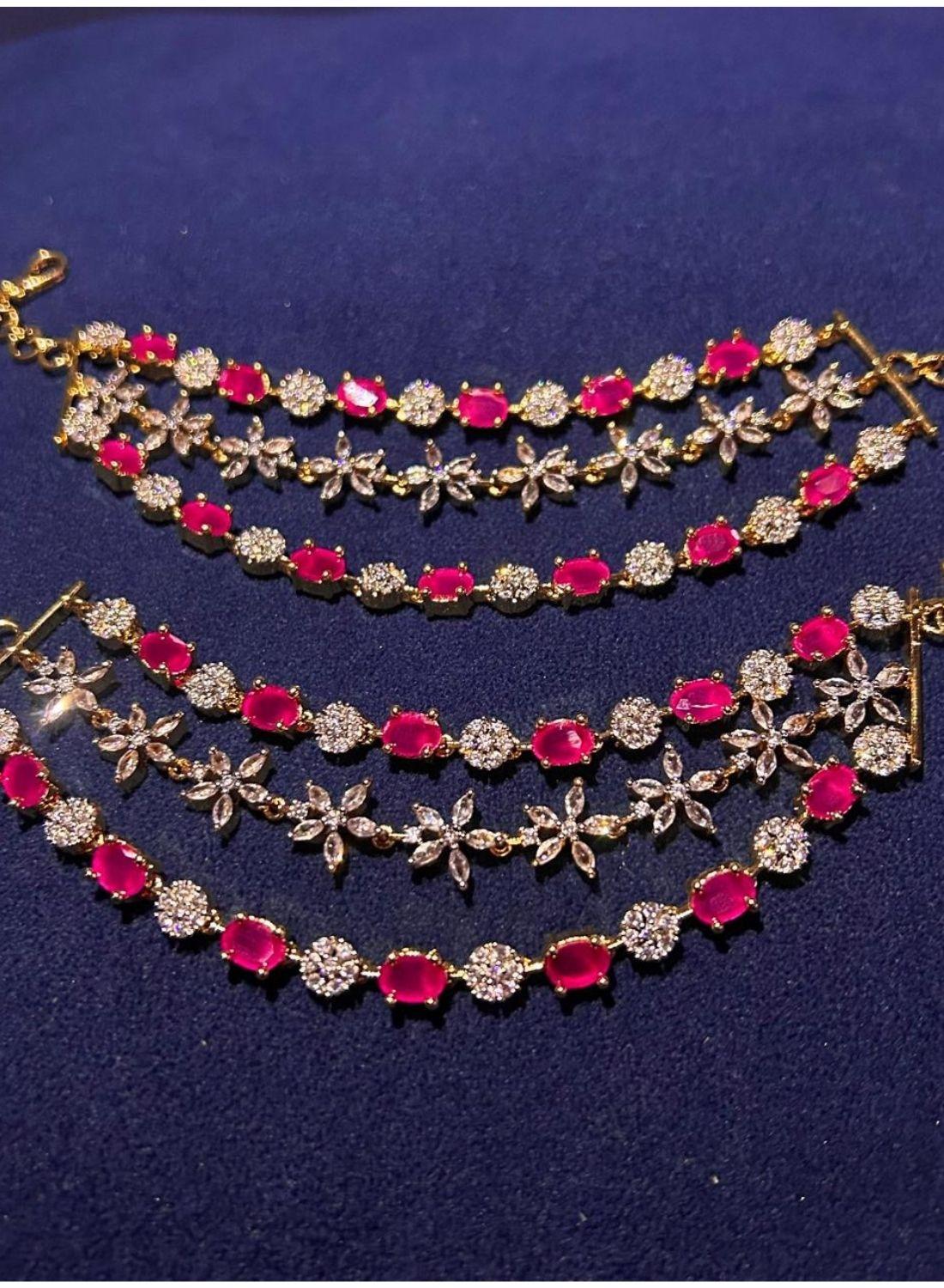 3 Line American Diamond Gemstone Earchain Red