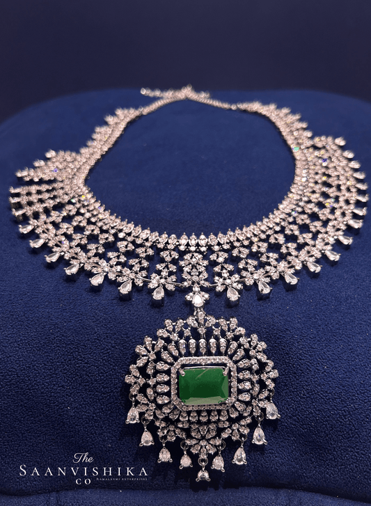 Detachable Pendant Grand Diamond Necklace  with Earrings Green